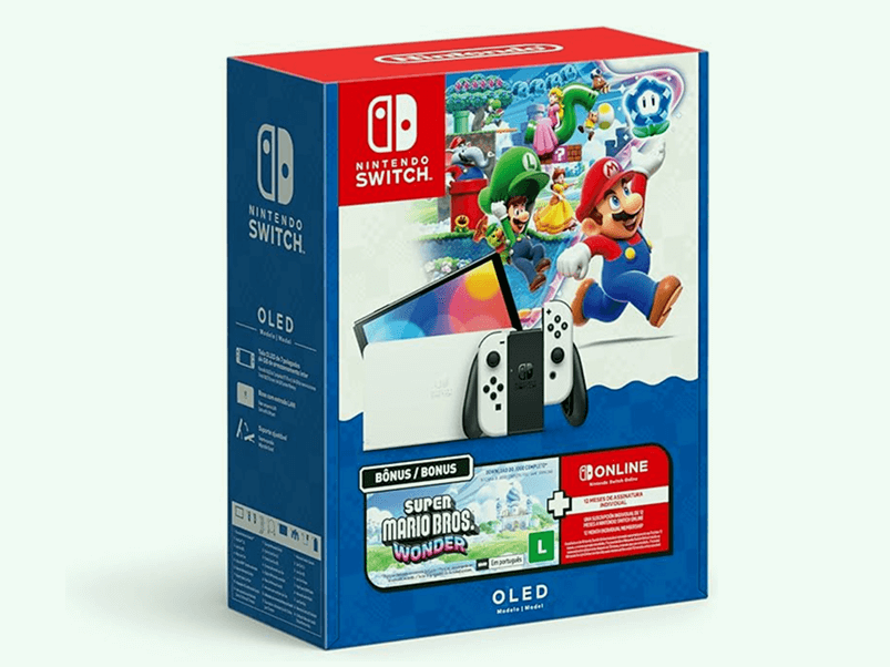 Nintendo Switch OLED +  jogo Mario Wonder + 12 meses do Switch Online com 19% de desconto