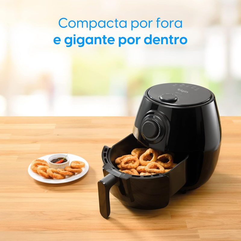 Airfryer Elgin com título "Compacta por fora e gigante por dentro"